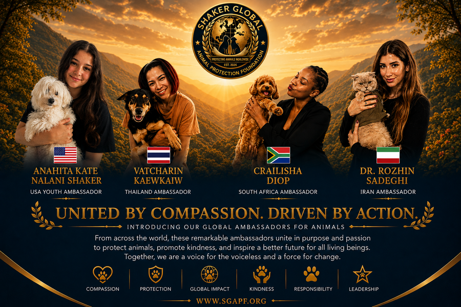 The first SGAPF Global Ambassadors from the United States, Thailand, South Africa, and Iran with companion animals.