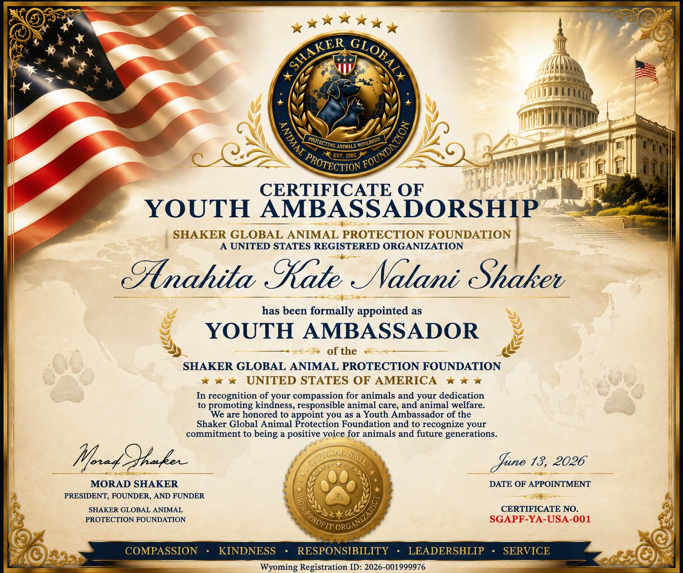 Certificate of appointment for Anahita Kate Nalani Shaker