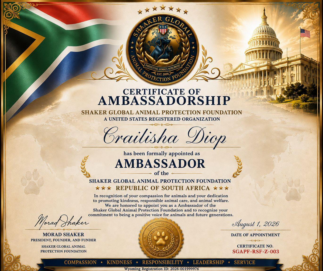 Certificate of appointment for Crailisha Diop