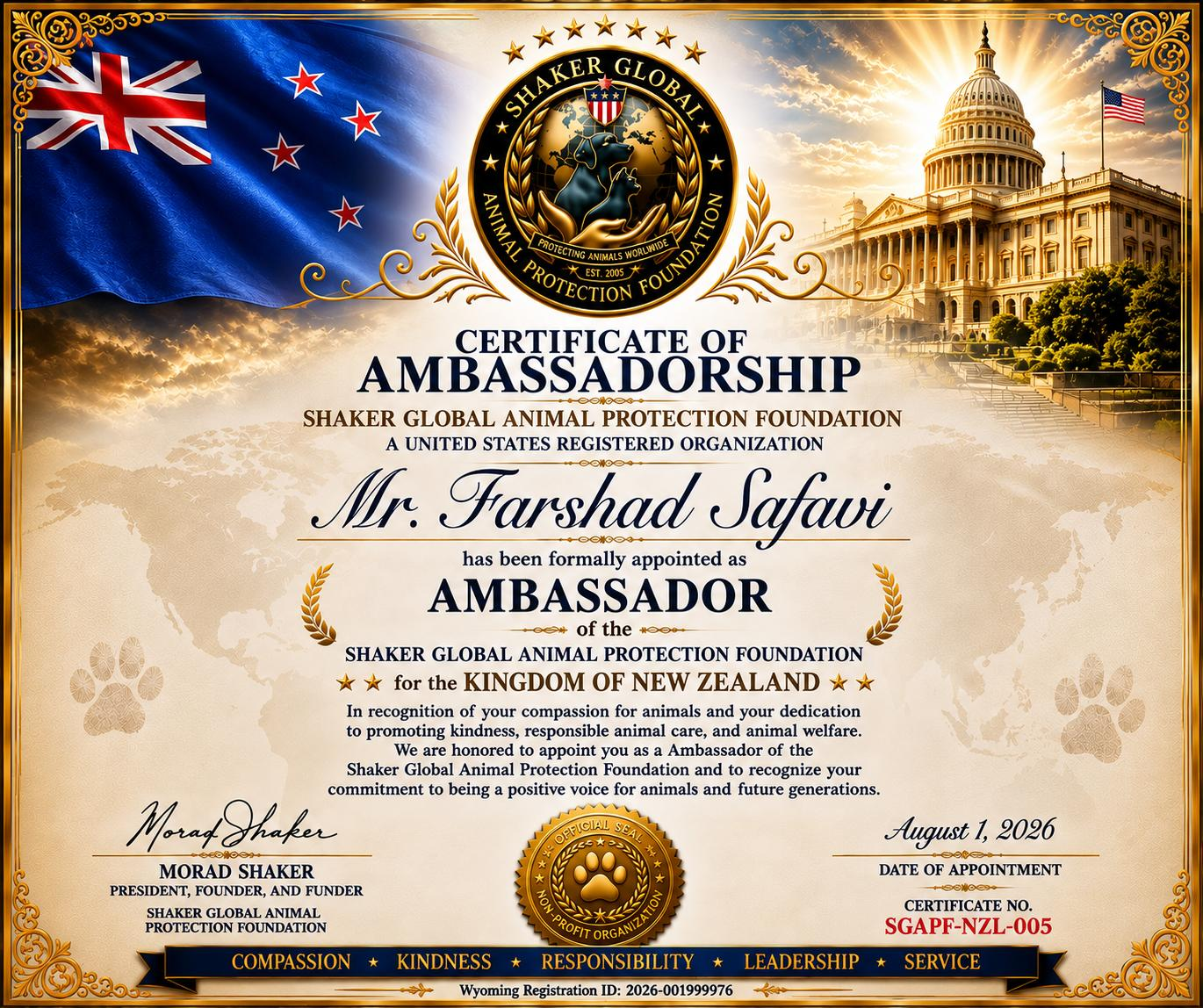 Certificate of appointment for Fred Safavi