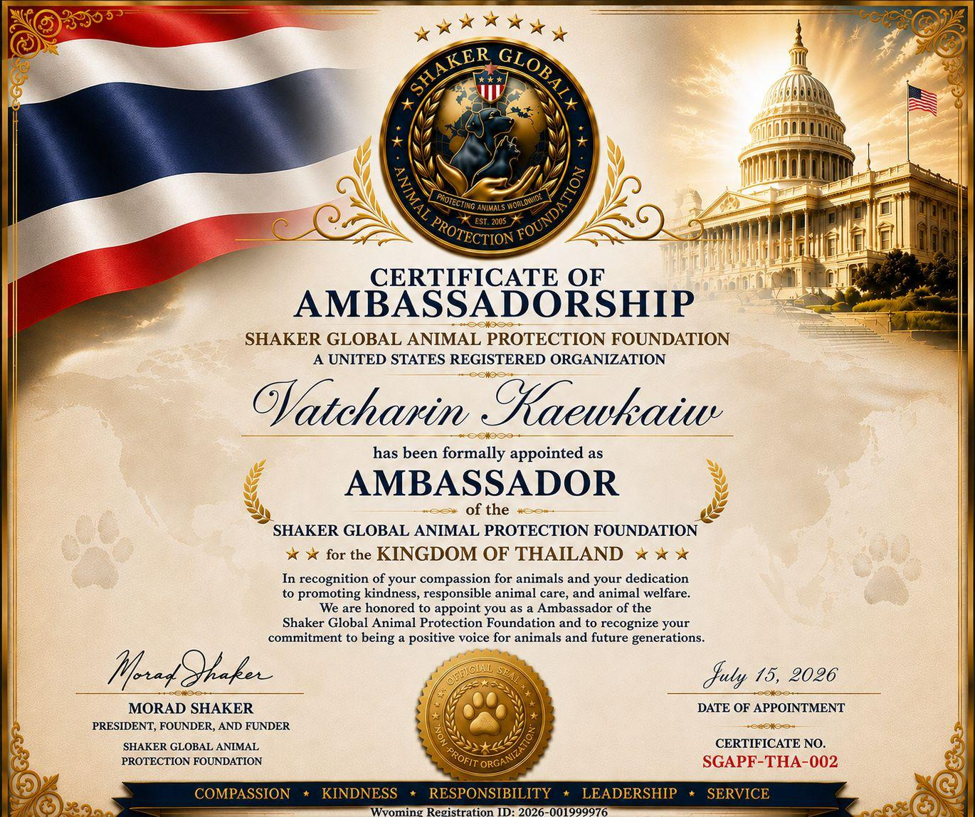 Certificate of appointment for Vatcharin Kaewkaiw