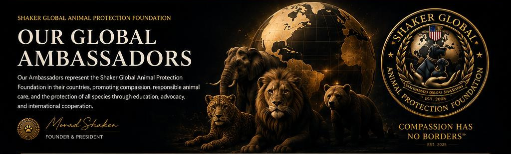Shaker Global Animal Protection Foundation Global Ambassadors artwork featuring Morad Shaker, global wildlife, the SGAPF emblem, and the message Compassion Has No Borders.